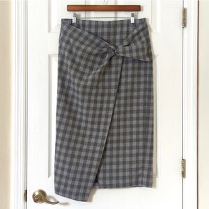 Zara Classic Gingham High Waisted Faux Wrap & Knot Straight Midi Skirt Gray XL